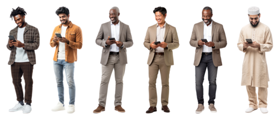 PNG Diverse men using smartphones happily, element set on transparent background