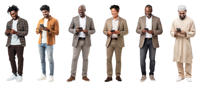 PNG Diverse men using smartphones happily, element set on transparent background