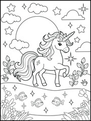 Black and white printable Unicorn coloring pages for kids. Children's coloring books with cute unicorn cartoon character, fun and educational materials for kindergarten.
