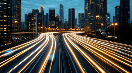 Fototapeta premium Dynamic cityscape at dusk with light trails from vehicles on highway