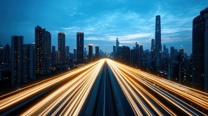 Fototapeta premium vibrant city skyline at dusk with light trails from vehicles