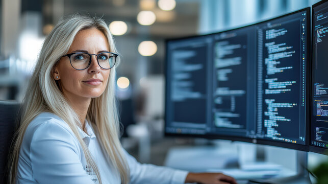 focused woman working on computer programming in modern office