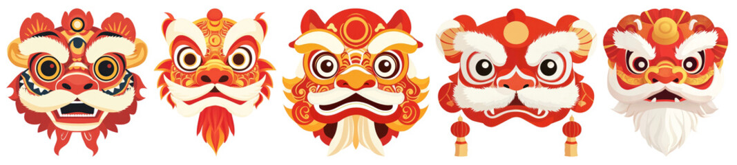 Naklejka premium PNG Colorful traditional lion masks, element set on transparent background