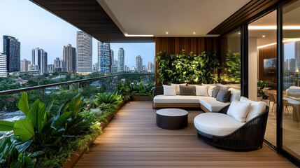 Stylish balcony with small garden and panoramic city view at dusk