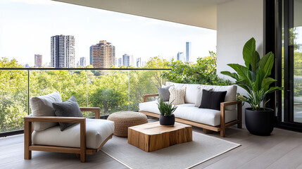 Fototapeta premium Stylish balcony with small garden and panoramic city view