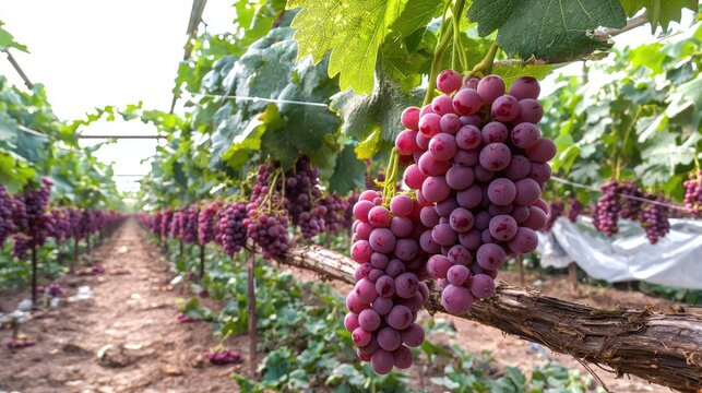 A lush grapevine with clusters of ripe purple grapes hanging on the vine. - Powered by Adobe