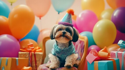 Cute dog in party hat sits amidst balloons and gifts.