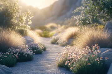 Stunning Landscape Design Ornamental Grasses and Flowering Plants Frame a Serene Winding Garden Path, Showcasing Seasonal Growth and Exquisite Landscaping Aesthetics Explore the beauty of nature's