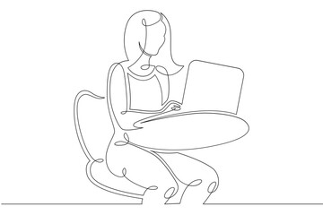 Young woman sits working at a laptop computer. The designer manager works on the Internet. One continuous drawing line, logo single hand drawn art doodle isolated minimal illustration.
