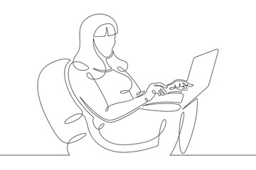 Young woman sits working at a laptop computer. The designer manager works on the Internet. One continuous drawing line, logo single hand drawn art doodle isolated minimal illustration.