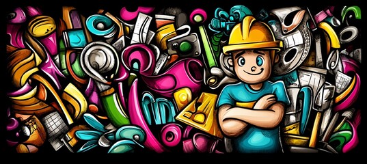 Happy construction worker amidst colorful tools and objects.