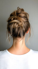 Obraz premium A stylish updo hairstyle featuring a messy bun, showcasing loose strands and a casual, elegant look.