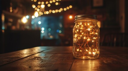 A mason jar filled with glowing fairy lights placed on a wooden table in a dim room.