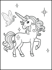 Black and white printable Unicorn coloring pages for kids. Children's coloring books with cute unicorn cartoon character, fun and educational materials for kindergarten.
