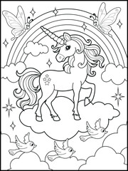 Obraz premium Black and white printable Unicorn coloring pages for kids. Children's coloring books with cute unicorn cartoon character, fun and educational materials for kindergarten. 