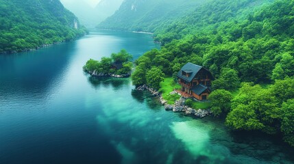 Secluded lake house, mountain vista, aerial view