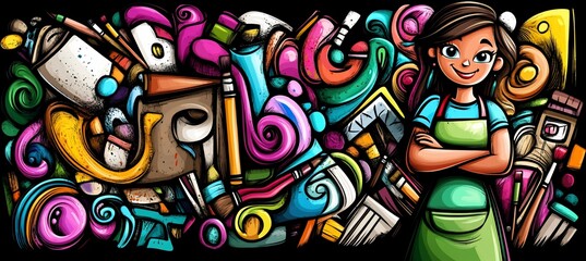 Obraz premium Colorful doodle art background with happy artist girl.