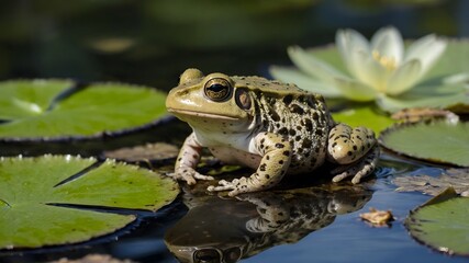 Nurturing Life: Midwife Toad with Eggs by Serene Pond and Lily Pads