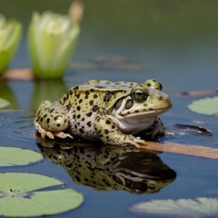 Obraz premium Nature’s Care: Midwife Toad Guarding Eggs in Calm Pond with Lily Pads