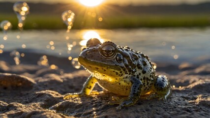 A Mother’s Watch: Midwife Toad with Hatching Tadpoles at Sunset