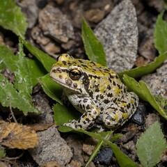 Fototapeta premium Seamless Blend: Midwife Toad Camouflaged Amongst Leaves and Rocks