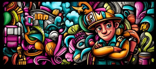 Colorful doodle art featuring a firefighter amidst various city elements and objects.