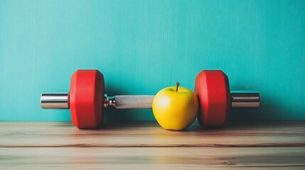 Red dumbbells and a yellow apple on a wooden surface against a teal background.