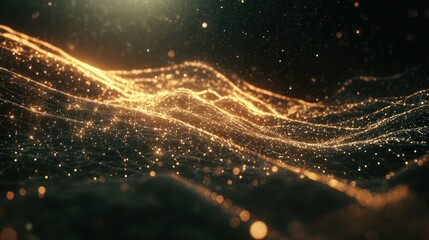 Golden Digital Landscape: Abstract Waves of Light and Data