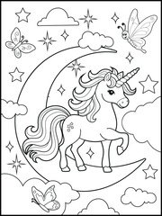 Black and white printable Unicorn coloring pages for kids. Children's coloring books with cute unicorn cartoon character, fun and educational materials for kindergarten.
