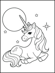 Black and white printable Unicorn coloring pages for kids. Children's coloring books with cute unicorn cartoon character, fun and educational materials for kindergarten.
