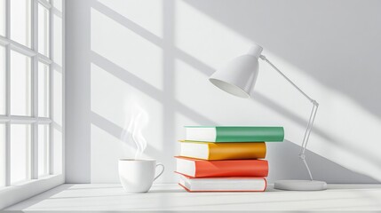 A clean white desk with a stack of colorful books, a steaming cup of coffee, and a modern lamp