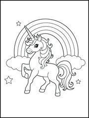 Black and white printable Unicorn coloring pages for kids. Children's coloring books with cute unicorn cartoon character, fun and educational materials for kindergarten.
