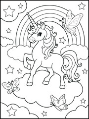 Black and white printable Unicorn coloring pages for kids. Children's coloring books with cute unicorn cartoon character, fun and educational materials for kindergarten.
