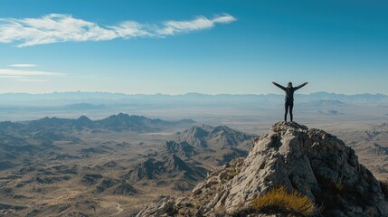 A person standing with arms wide open on top of a mountain, looking out at a vast landscape.