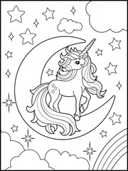 Black and white printable Unicorn coloring pages for kids. Children's coloring books with cute unicorn cartoon character, fun and educational materials for kindergarten.
