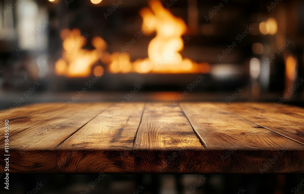 Poster rustic wooden table with blurred fiery background.