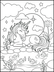 Black and white printable Unicorn coloring pages for kids. Children's coloring books with cute unicorn cartoon character, fun and educational materials for kindergarten.
