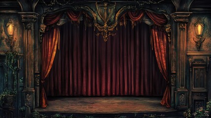 A dramatic theater stage curtain in deep crimson, slightly parted to reveal a darkened stage