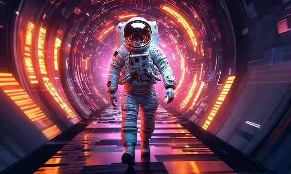 Astronaut walks futuristic tunnel, vibrant lights, space travel concept