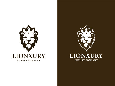 Lion Face Head Silhouette with King Crown for Royal Luxury Brand logo design. Vector illustration.
