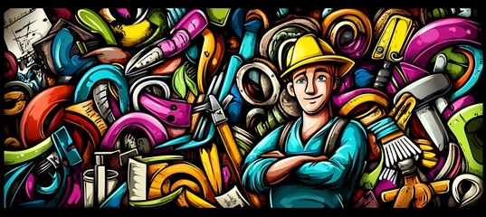 Fototapeta premium Happy worker surrounded by colorful tools and equipment.