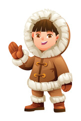 Eskimo boy waving in a cheerful pose, wearing traditional fur outfit. Vector cartoon character illustration