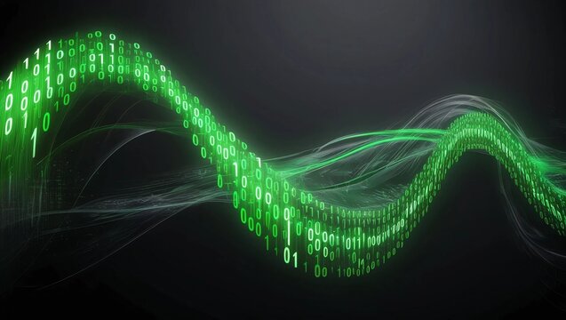 AI GENERATE, Digital wave of binary code in green and black, resembling a futuristic data flow