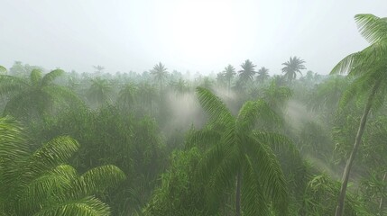 Naklejka premium Lush Tropical Rainforest Aerial View Misty Palm Trees and Dense Foliage