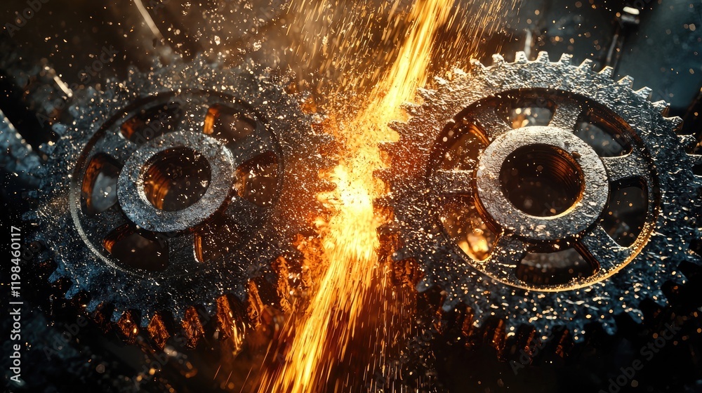 Canvas Prints a photorealistic image of two large gears grinding against each other and spewing out sparks with a 