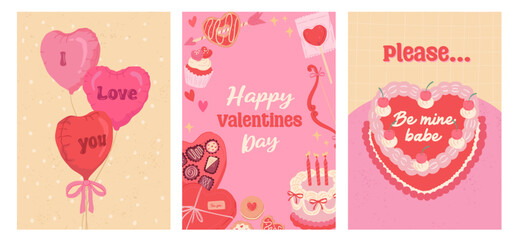 Collection of Love season and Valentines day sweet desserts heart balloons and heart cake poster vector illustration