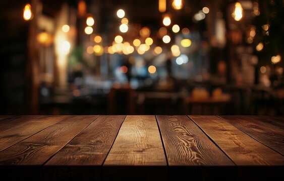 Dark wooden table in blurred restaurant background.