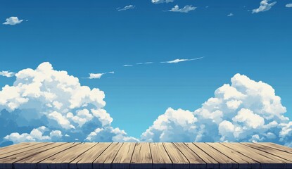 Fototapeta premium Wooden table against a blue sky with fluffy clouds. (1)