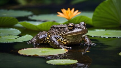 Fototapeta premium Serene Aquatic Scene: African Clawed Toad Resting in Pond