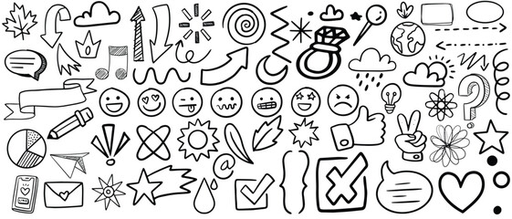 Simple sketch line style elements. Doodle cute ink pen line elements isolated on white background. Doodle arrow, heart, star, decoration symbol, icon set. Vector illustration of kids pencil drawing. 